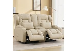 IPKIG 65.3" RV Loveseat Double Recliner Sofa with Console, Faux Leather Reclining Chair Home Theater Seating, RV Furniture, Manual Recliner Chair (Beige)