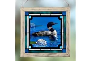 Wild Wings “Northland Retreat Loon” Stained Glass Art by Gene Stevens – 9" x 9" Wildlife Window Panel with Black Frame, Ready to Hang, Made in USA