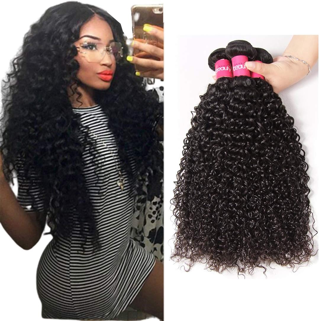 Dinoce Compatible with Longqi Beauty Brazilian Curly Virgin Hair 3 Bundles Unprocessed Remy Human Hair Weave Jerry Curly Thick Full Head Natural Black Color Short Bob Length 8 10 12 Inch