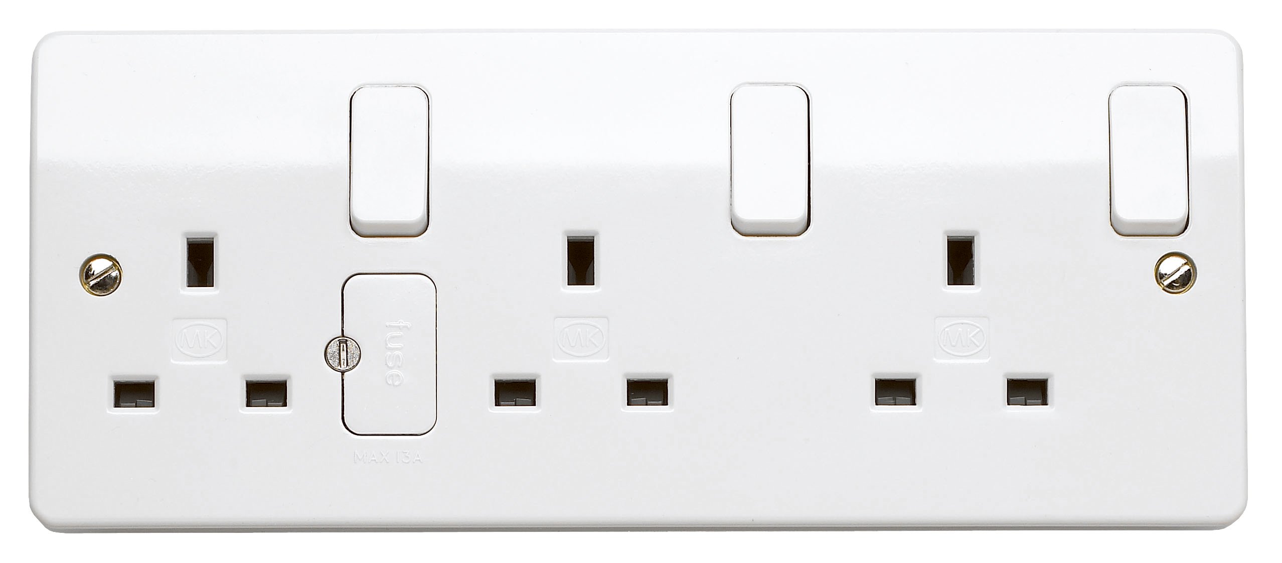 MK Logic Plus Triple Socket (K2737 WHI) 13A 3 Gang, in white, with inherent antimicrobial properties.