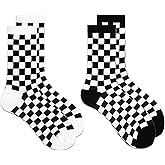 2 Pairs Fashion Harajuku Trends Checkerboard Socks, Black & White Geometric Checkered Socks, Hip Hop Cotton Print Skateboard Sock,Novelty Streetwear (Fits Sizes 7-8)