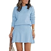 Tankaneo Womens Skirt 2 Piece Sweater Set Long Sleeve Crewneck Sweaters Pleated Mini Skirt Knit Lounge Sets