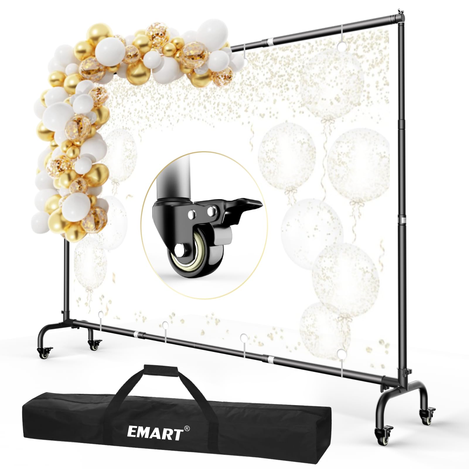 Photo 1 of EMART Rolling Backdrop Stand with Wheels - 10 x7.5 ft (WxH) Adjustable - Moveable Photo Banner Background Holder Photography Frame Kit Adjustable for Parties Decoration Photoshoot