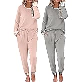 Ekouaer 2 Pack Womens Pajama Sets Long Sleeve Lounge Sets Soft Pj Sleepwear Loungewear