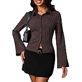 Women Striped Fitted Button Down Shirts Bell Long Sleeve Shirt Office Work Blouse Tops