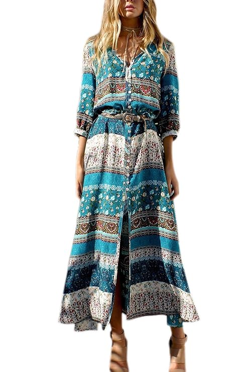 Maxikleider Frauen Damen Sommer 3 4 Ärmel V-Ausschnitt Beach Bequeme Größen Party Maxi Tunnelzug Kleid Elegant Kleidung Vinta