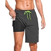 SILKWORLD Men's Swim Trunks with Compression Liner Quick Dry Bathing Suits 9 Inch Swimming Shorts with Cargo Pockets