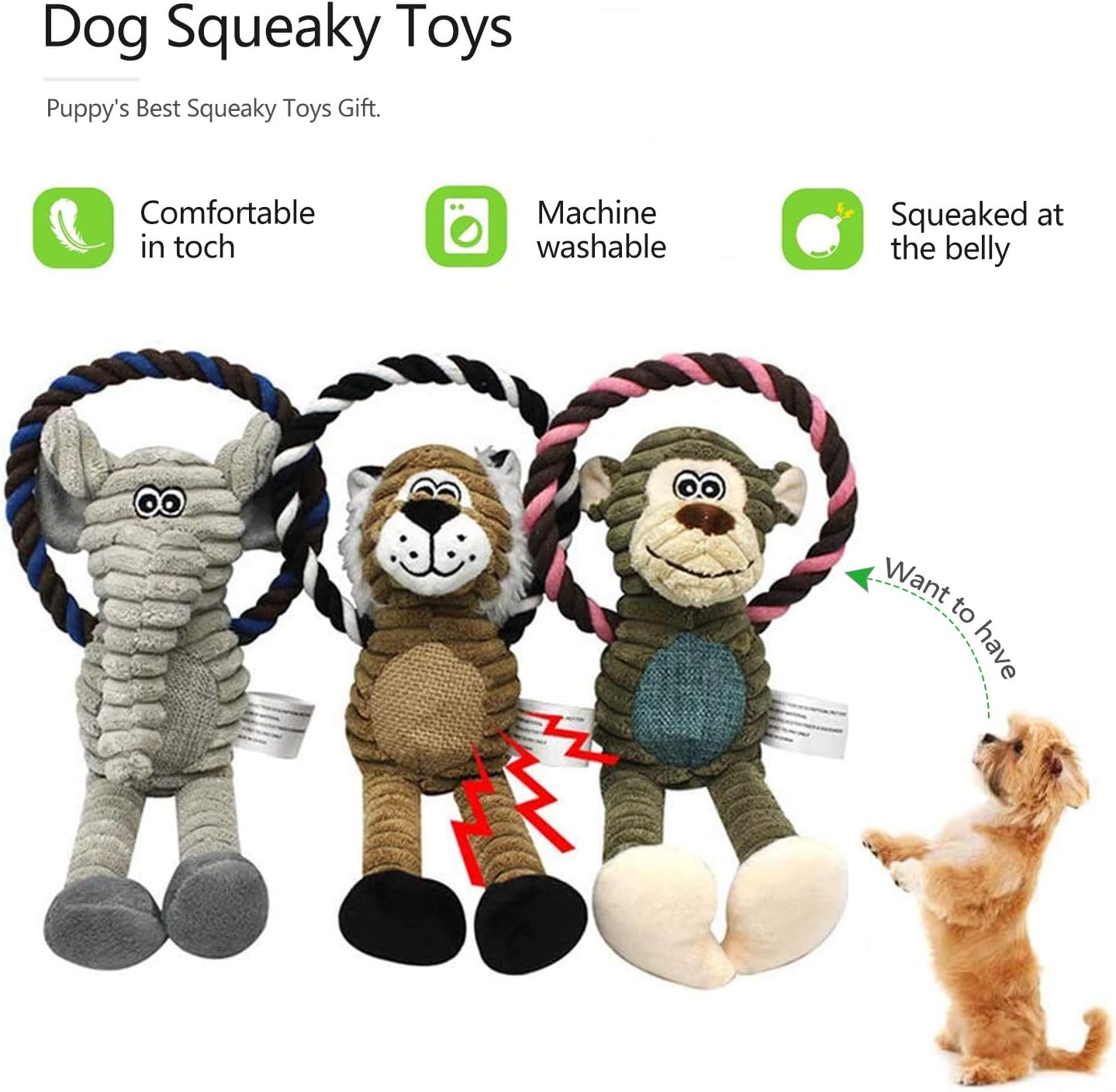 Kitchen & Dining : Newthinking 3 Pack Squeaky Dog Toys Set, Interactive Dog Chew Toys with Cotton Rope, Stuffed and Plush Chew Toys for Puppy Small Medium Dogs Aggressive Chewers : 