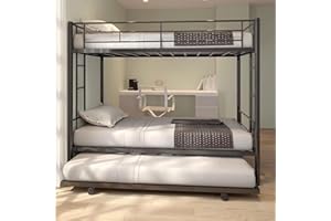 EMKK Twin Over Twin Bunk Bed Frame with Trundle,Metal Bunkbed Bedframe with Sturdy Guard Rail and 2 Ladders for Kids/Adults,Can be Divided Into 3 Beds, No Box Spring Needed, Noise Free for Dorm