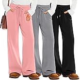 LessonZoo 3 Pack Girls' Fleece Sweatpants Wide Leg Drawstring Casual Kids Joggers Open Bottom Loose Teen Pants with Pockets