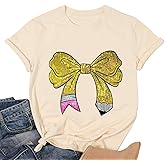 Teacher Shirt for Women Sequin Teacher Pencil Bow T-Shirt Short Sleeve Back to School Tee Tops