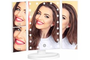 COSMIRROR Lighted Makeup Shower Mirror, Trifold Makeup Vanity Mirror with 21 LED Lights and 1X/2X/3X Magnification, Dual Power Supply, 180° Rotation Cosmetic Mirror (White)…