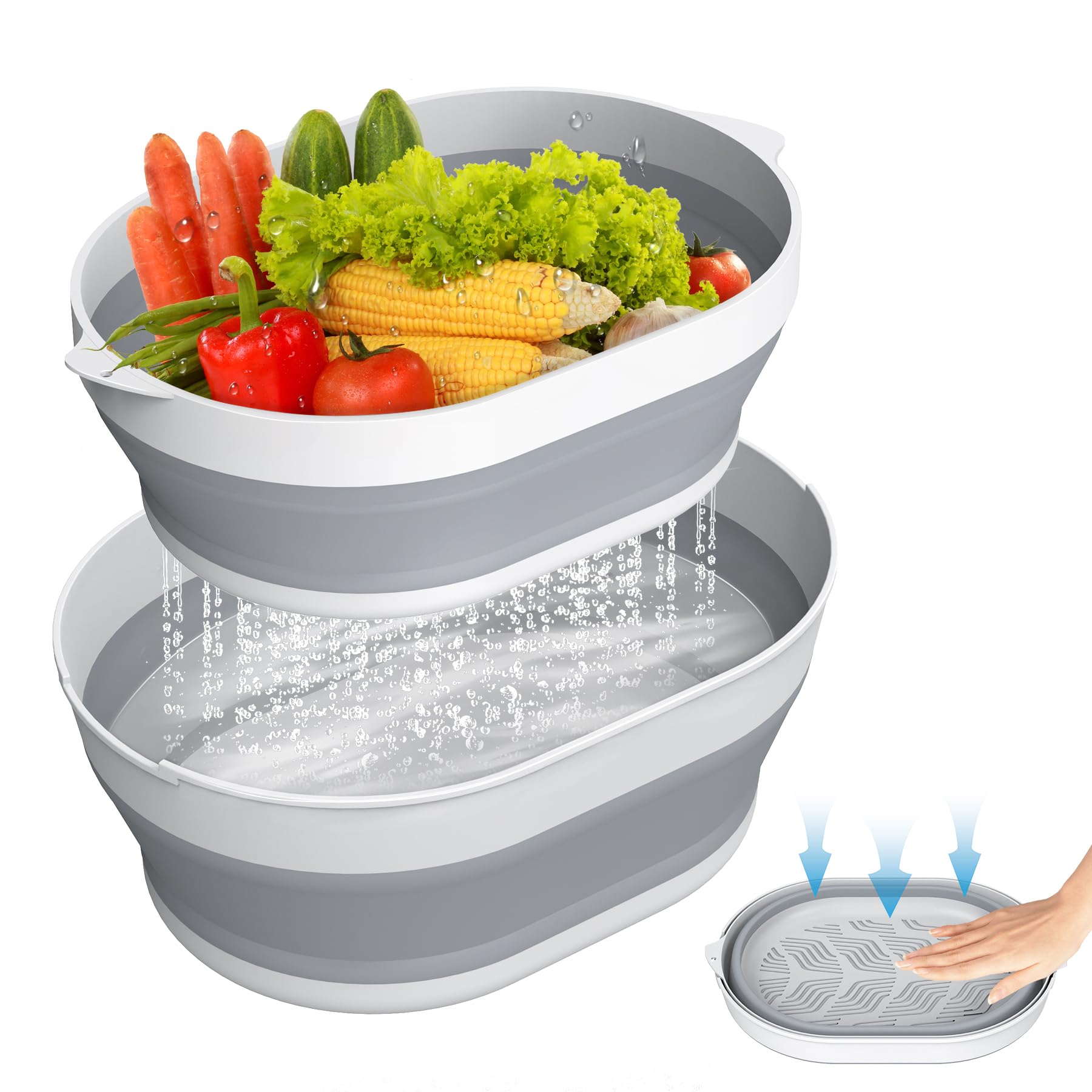 Photo 1 of 2 in 1 Collapsible Sink Basin - 5.3 QT Foldable Fruit Washing Bowl with Strainer - Silicone Collapsible Colander for Kitchen Organization RV Camping