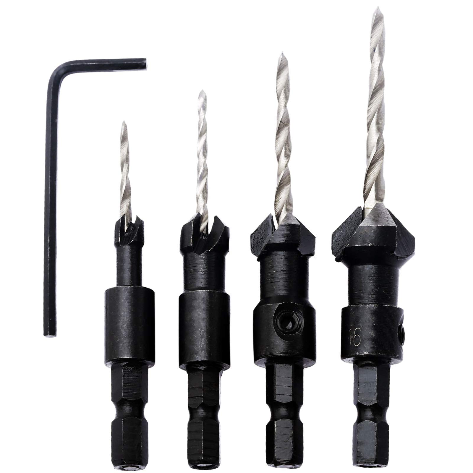 Dophee 4Pcs Countersink Drill Bit Set ustable 1/4inch Hex Shank Power Tools and HSS Quick Change Drill Bit Woodworking Chamfer Tool #6#10#13#16