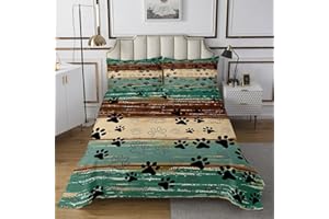 Erosebridal Dog Paw Print Quilt Set Queen,Kawaii Puppy Paws Bedspread Set for Boys Girls 3Pcs Bedroom Decor,Vintage Wooden Bo