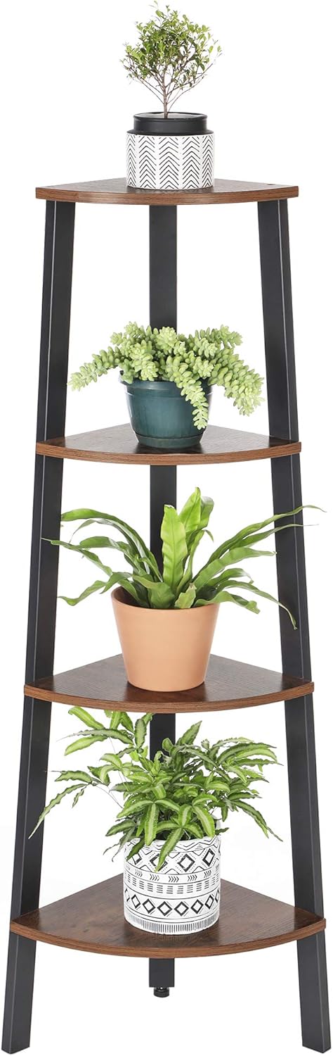 VASAGLE Industrial Corner Shelf, 4-Tier Bookcase, Storage Rack, Plant Stand for Home Office, Wood Look Accent Furniture with Metal Frame, Rustic Brown ULLS34X: Home & Kitchen