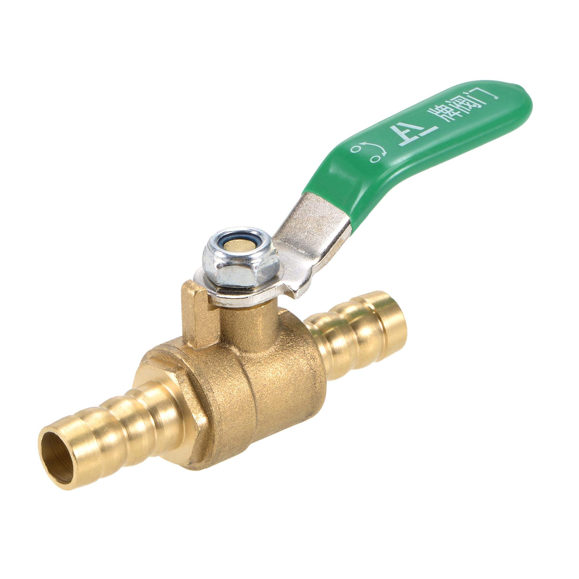 uxcell Ball Valve Shut-off Valve, 10mm Hose Barb to 10mm Hose Barb, Hose Pipe Tube Fittings, 180 Degree Operation Green Handle, Brass Valve, Pack of 1