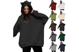 EWASWON Women Plus Size Cute Cat Ear Hoodies Solid Color Fluffy Sweatshirt Baggy Casual Homewear Sweater Tops Trendy Clothing
