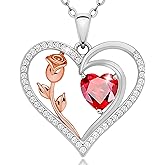 Rose Flower Heart Birthstone Necklace for Women - Sterling Silver 18K Rose Gold Plated Pendant Birthstone Necklace - Meaningful Gemstone Anniversary Birthday Jewelry Mother's Day Gifts for Her