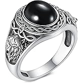 Men's Celtic Vinking Wolf Ring Sterling Silver, Oval Shaped with Natural Gemstone (Black Onyx, Turquoise, Amber, Tiger Eye, Lapis Lazuli), Vintage Norse Jewelry Gift for Him