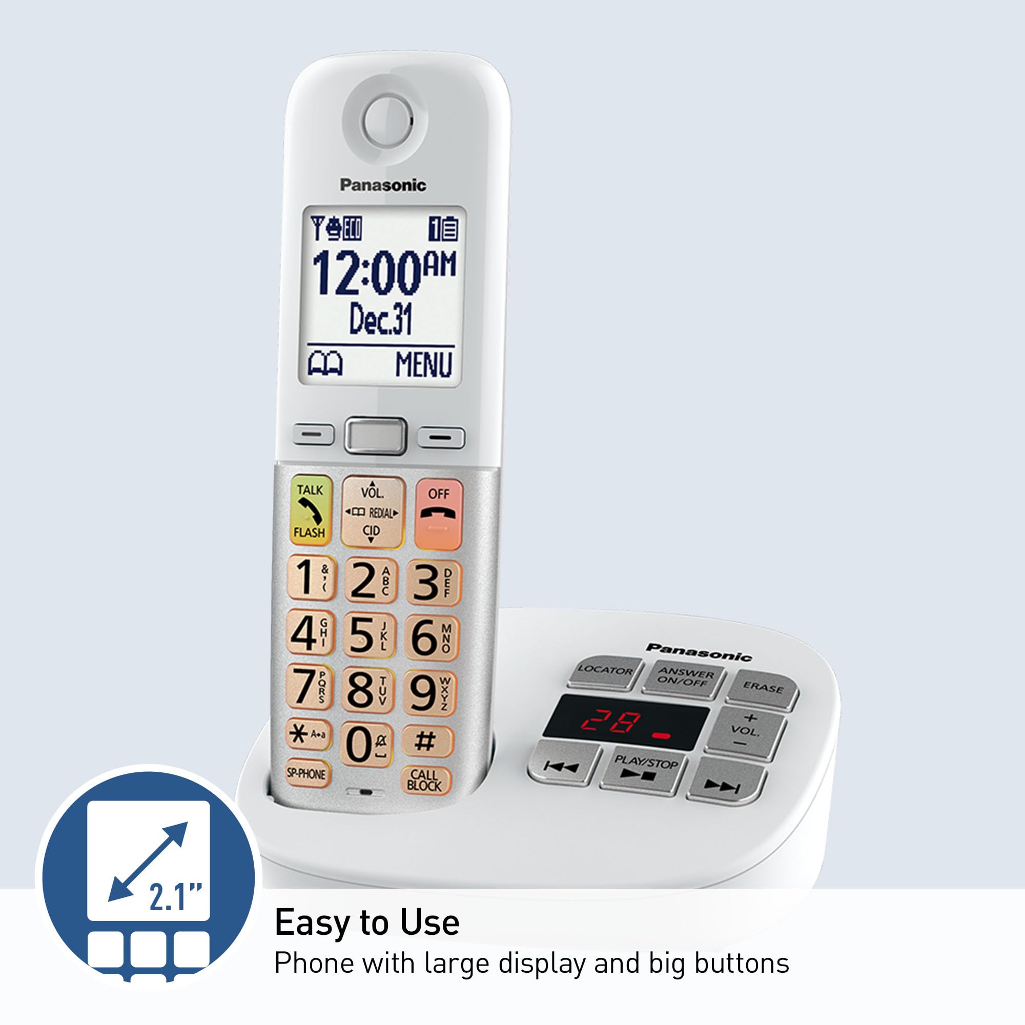 Panasonic Cordless Phone, Easy to Use with Large Display and Big Buttons, Flashing Favorites Key, Built in Flashlight, Call Block, Volume Boost, Talking Caller ID, 2 Cordless Handsets - KX-TGU433W