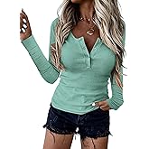 BTFBM Women Long Sleeve Shirts Fall Tops V Neck Button Up Henley Shirts Slim Fit Ribbed Knit Spring Casual T-Shirts 2026