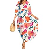 MAKABO Kaftan for Women Dress V Neck Short Sleeve Beach Vacation Bikini Swimsuit Cover Ups Loungewear for Summer