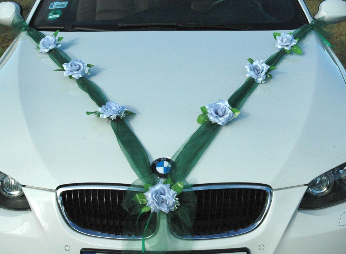 Autoschmuck Organza M Auto Schmuck Braut Paar Rose Deko Dekoration Hochzeit Car Auto Wedding Deko Girlande PKW (Silber/Grun)