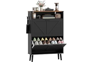 HOMCOM Shoe Storage Cabinet with 2 Flip Drawers, Farmhouse Narrow Shoe Cabinet with Adjustable Shelves, Open Shelf, Hooks for