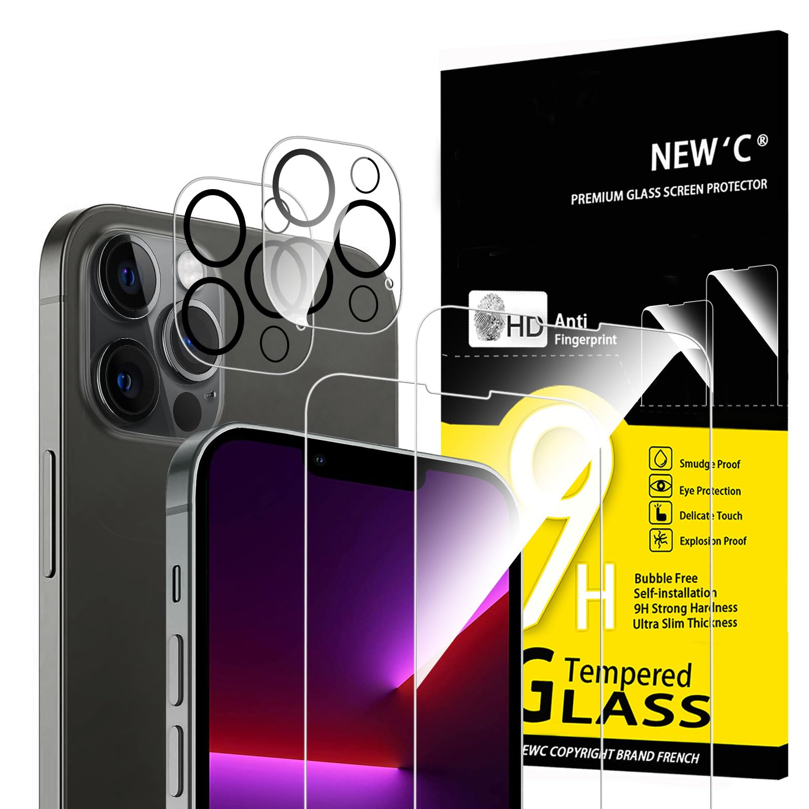 NEW'C Pack of 4, 2 x Tempered Glass for iPhone 13 Pro and 2 x Rear Camera Protectors – Bubble-Free – Heavy Duty – 9H Hardness Glass — image 1