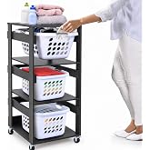 Laundry Basket Holder Shelf, Stackable Laundry Sorter, Slate Grey, 3 Tier | Engineered Wood Laundry Organizer and Storage Tower with Wheels, Tiered Vertical Hamper for Bathroom, Bedroom, and Closet