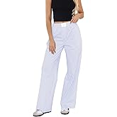 SHBECYDE Women Elastic Waist Striped Pants Y2K Wide Leg Striped Print Trousers Low Waist Striped Lounge Pants with Pockets