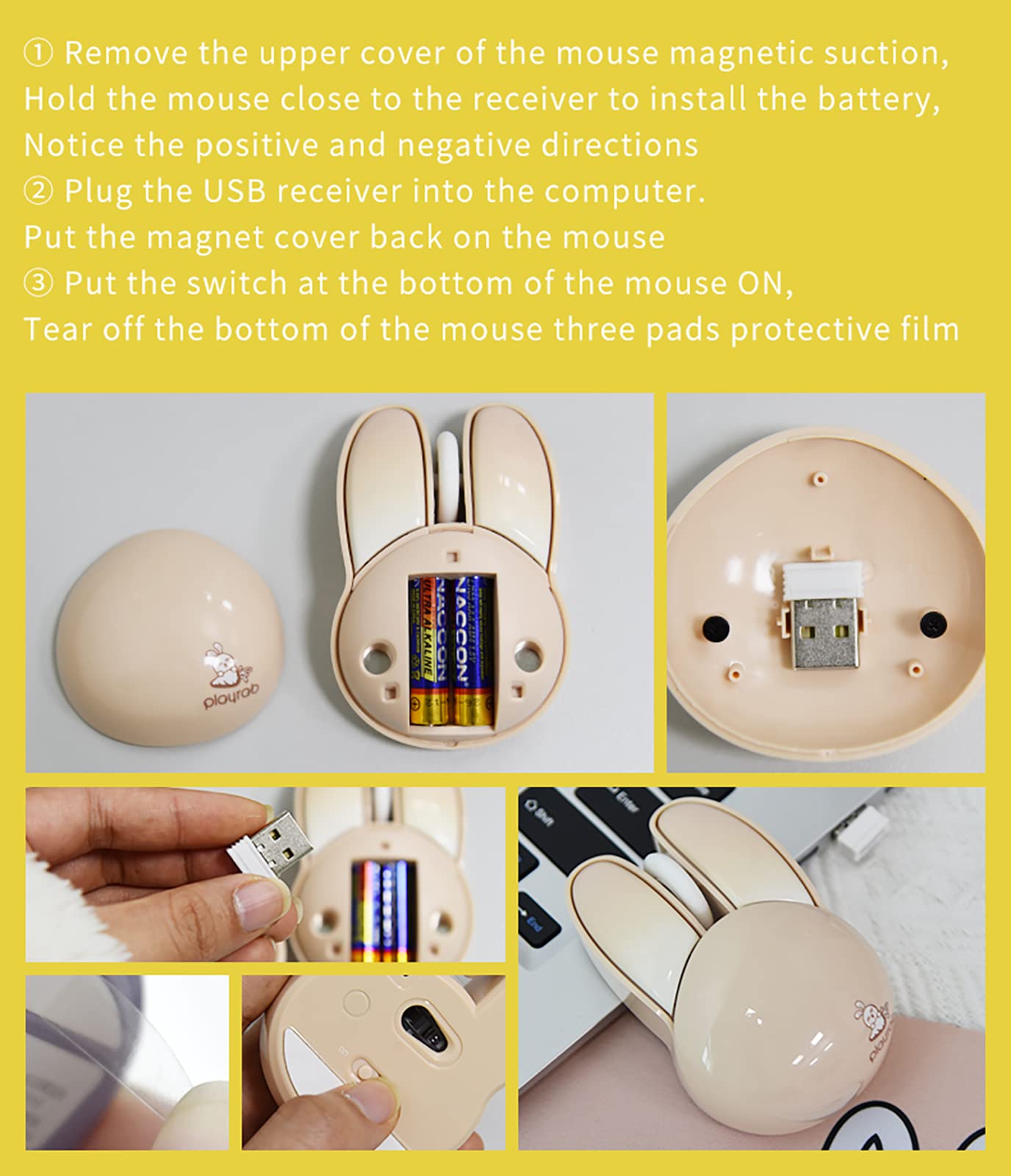 Lomiluskr Cute Bunny Wireless Mouse, Lightweight Soundless Mice, 2.4G Wireless Mice, Candy Colors, Kawaii Rabbit Mouse for Girls and Kids (Pink Bunny)