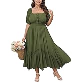 SHESTARR Women's Plus Size Dress Short Sleeve Square Neck Tie Front Ruffle Hem Boho Maxi Milkmaid Dress