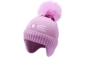 KDVOG Kids Winter Hat with Ear Flaps, Toddler Boys Girls Fleece Lined Knit Beanie Colorful Pattern Pom Pom Ski Cap for 2-10Y