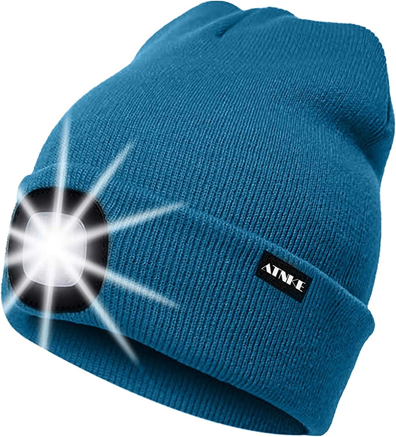 ATNKE LED Lighted Beanie Cap,USB Rechargeable Running Hat Ultra Bright 4 LED Waterproof Light Winter Warm Gifts for Men and Women/Peacock Blue