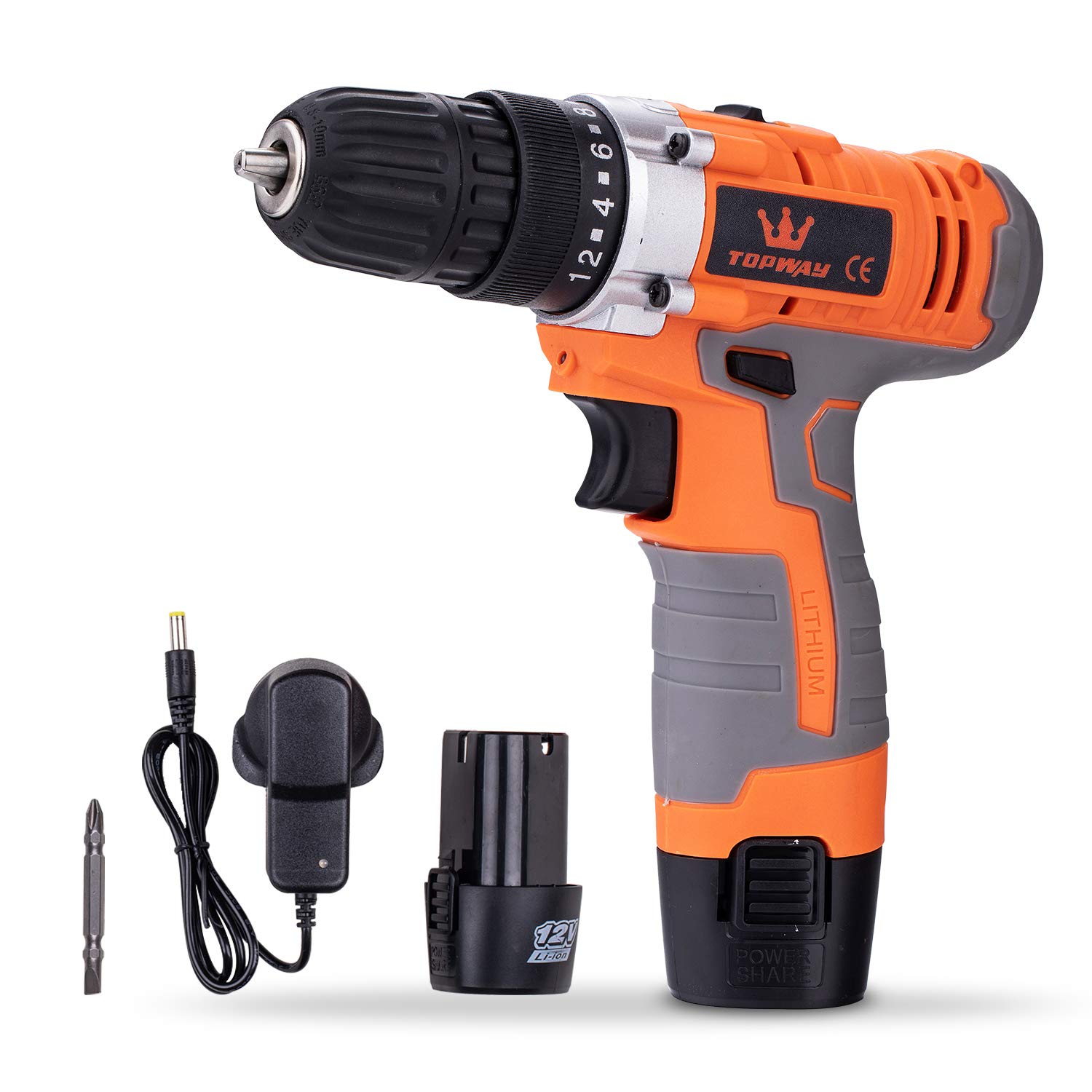 TOPWAY Cordless Impact Drill Driver 12V with 10mm Keyless Chuck, 2 Speed, LED Light and 2 X Lithium Ion Batteries Included, for Wood Cement Concrete Ceiling Brick Wall 102001