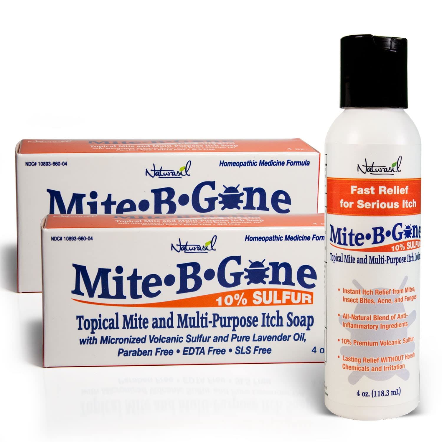 Natural, Calming Itch Relief Pack by Mite-B-Gone - 10% Sulfur Lotion (4oz) + 2 Soaps | Treats Bites, Acne, Itching, Rosacea & Irritation | Safe for Kids & Adults | Fast & Effective for All Skin Types