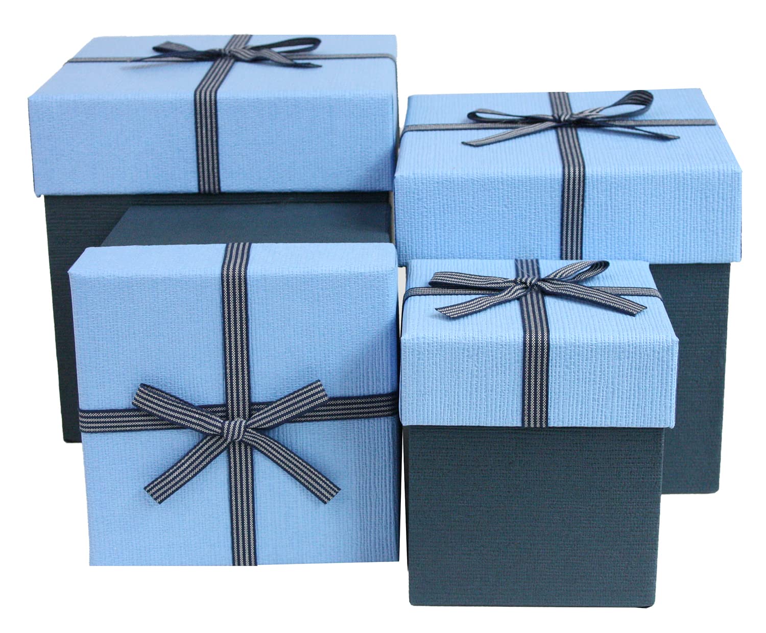Emartbuy Set of 4 Gift Box, Dark Blue Box with Light Blue Lid and Stripy Black Blue Ribbon