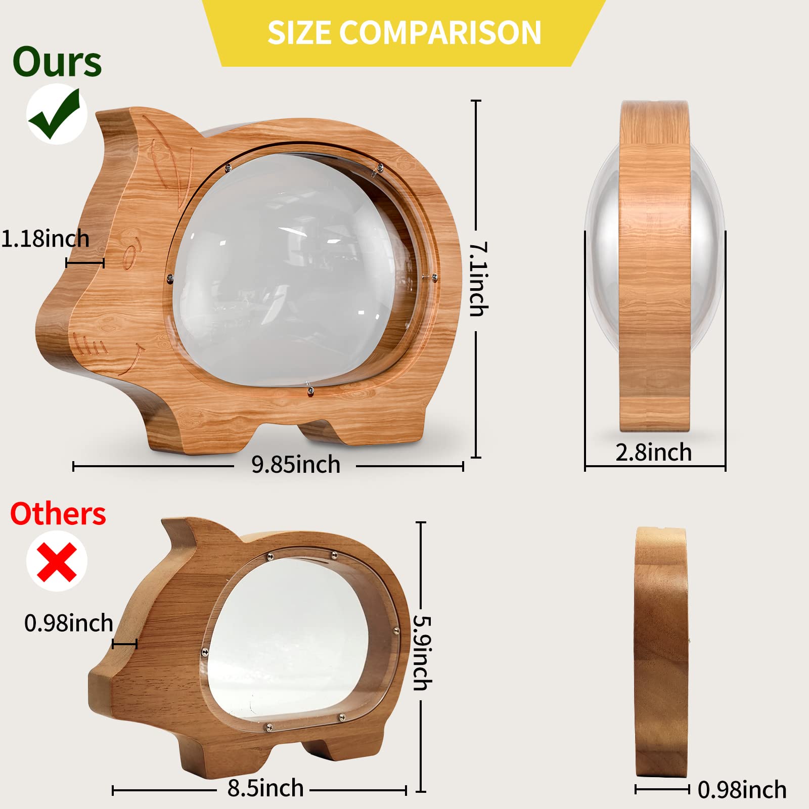 Wooden Clear Piggy Bank for Boys Girls Kids, Large Unbreakable Wood Money Bank, Cute Coin Bank Creative Saving Bank for Christmas Birthday Gift Baby Shower…