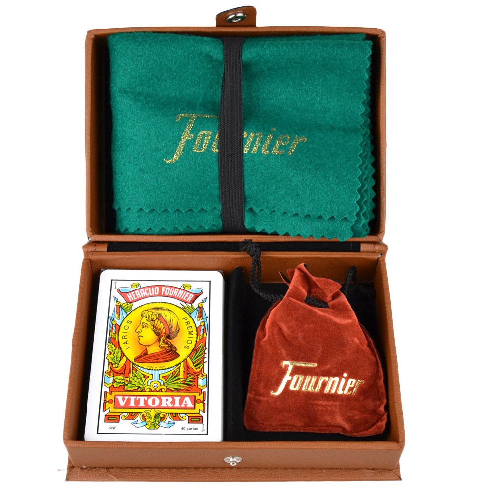 Fournier 10023417 Mus in Leatherette Case, Set - Brown - Spanish Deck of Playing Cards, Mat and Amaracos, 14 Years and Up.