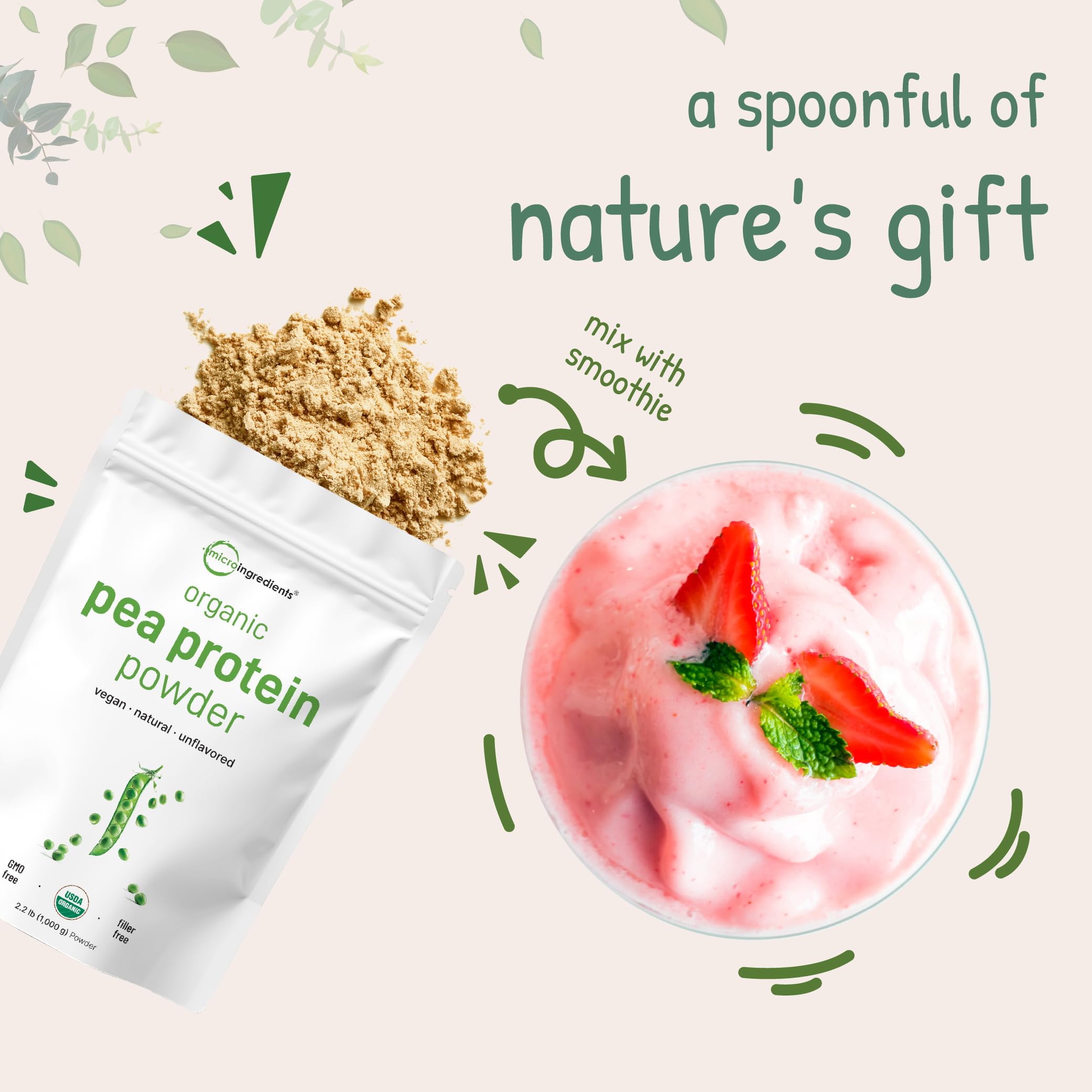 Micro Ingredients North America Grown, Organic Pea Protein Powder, 1KG (2.2 Pounds) | Plant-Based Vegan Protein, Meatless Protein Supplement, Rich in Branched Chain Amino Acids | Non-GMO, Soy Free