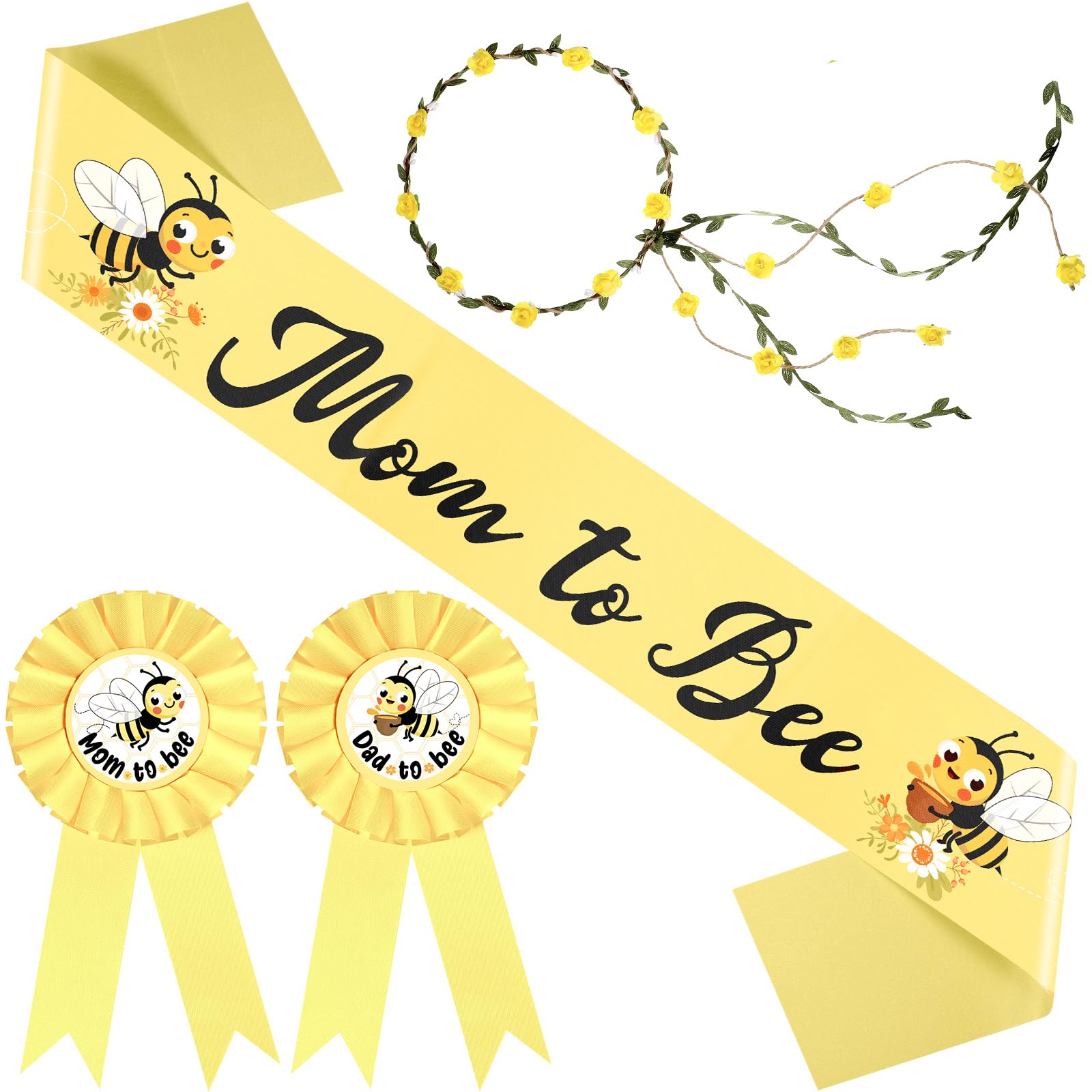 Photo 1 of Chunful Mommy to Bee Baby Shower Decorations Dad to Be Pin and Flower Crown Headband Yellow Sash for Boys and Girls Gender Reveals Pregnancy Props Keepsake Gifts