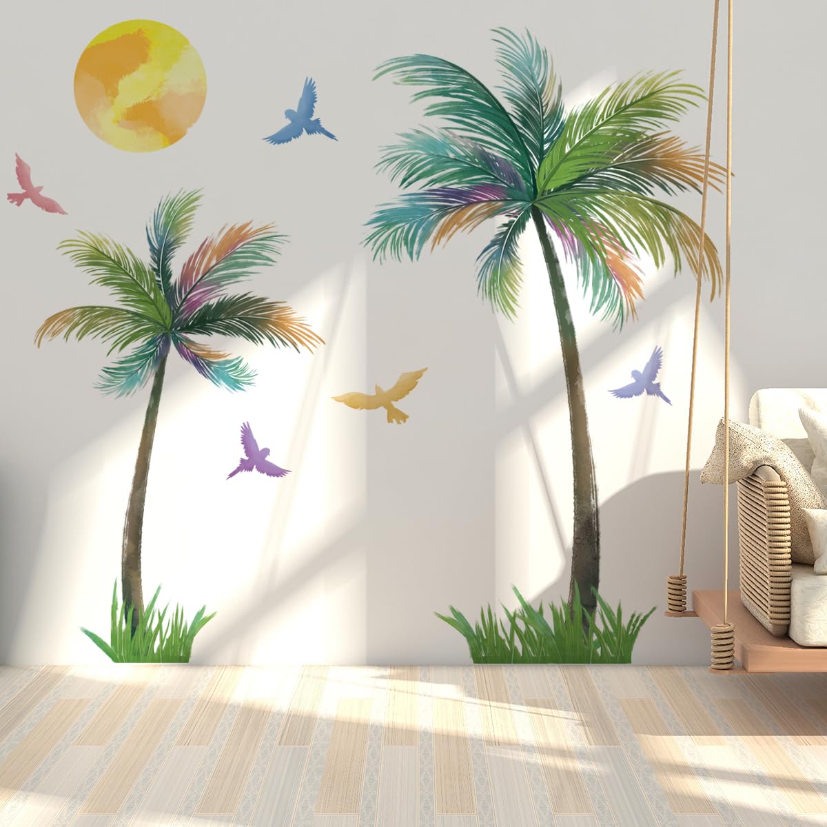 Runtoo Large Palm Tree Wall Stickers Colorful Birds Tropical Plants Wall Decor for Living Room Bedroom Kids Room Wall Decor