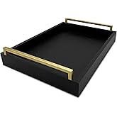 Montecito Home Decorative Coffee Table Tray - Shagreen Faux Leather - Ottoman Tray - Breakfast, Drinks, Liquor Serving Tray - Farmhouse to Modern - Brushed Champagne Gold Handles (Pitch Black)