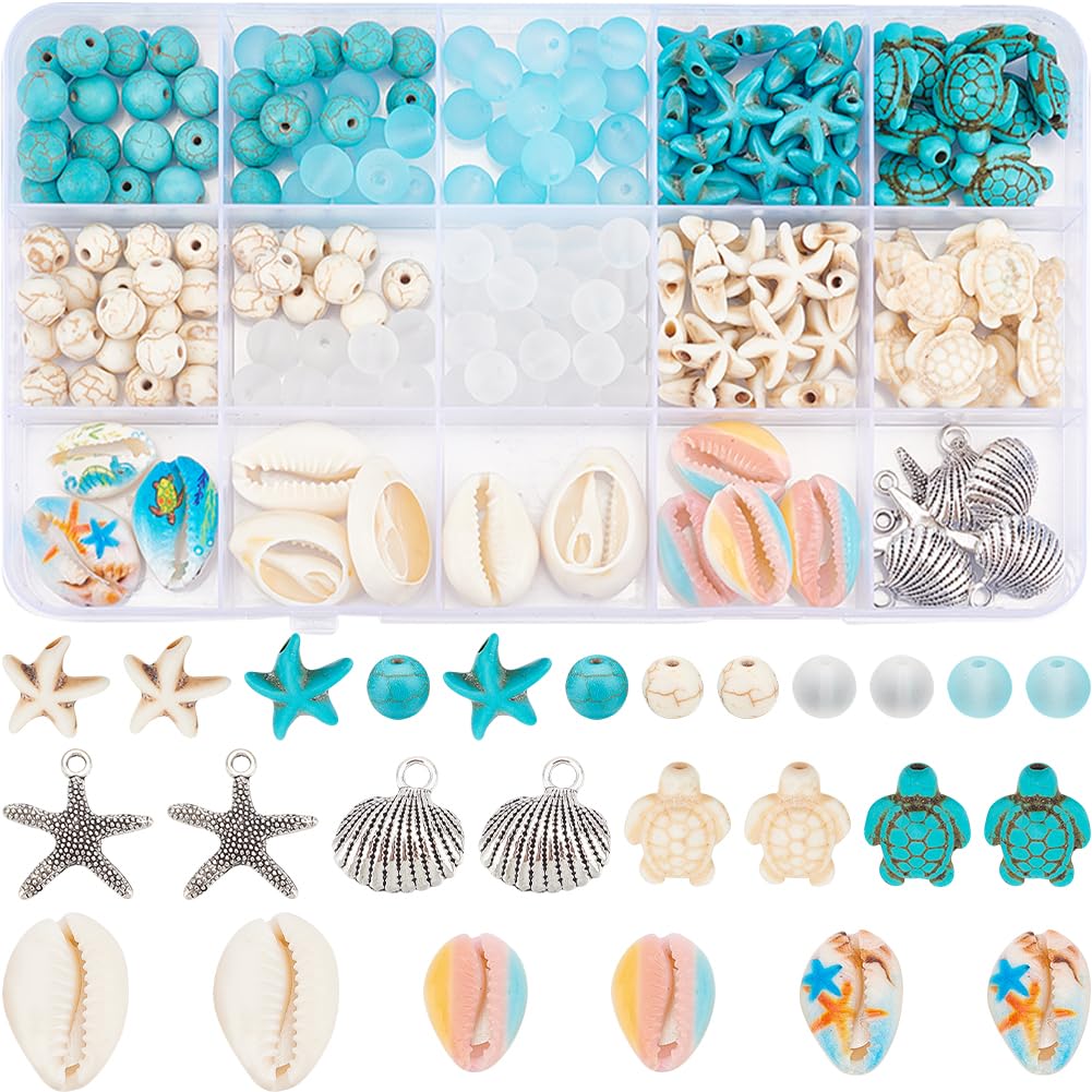 SUNNYCLUE 1 Box 210Pcs Starfish Bead Turtle Beads Lucky Turquoise Beads Bulk Summer Ocean Beaded Sea Animal Charms Shell Bead Seashell Charms for Jewellery Making Beading Kits Women DIY Craft Supplies