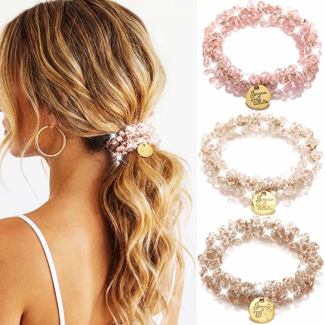 Reaky Rhinestone Hair Ties Fancy Ponytail Holders Beaded Scrunchies Hair Accessories for Women (White, Grey, Pink)