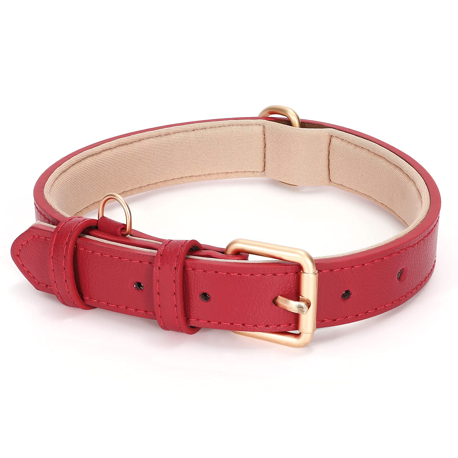 JASGOOD Leather Dog Collar for Small Medium Large Dog Adjustable Soft Leather Padded Puppy Collar with Alloy Buckle Heavy Duty Waterproof Dog Pet Collar, Red, XS