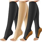 OUIVIAL 3 Pack Copper Compression Socks for Women&Men, 20-30mmHg Open Toe Knee High Support Socks for Varicose Vein,Running