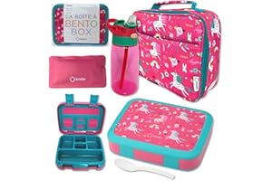 KINSHO Bento Lunch Box with Insulated Bag, Water Bottle Ice Pack Set for Kids Toddlers, 5 Portion Sections, BPA Free Removable Tray, Pre-School Kid Toddler Daycare Lunches, Snack Container, Pink Unicorn